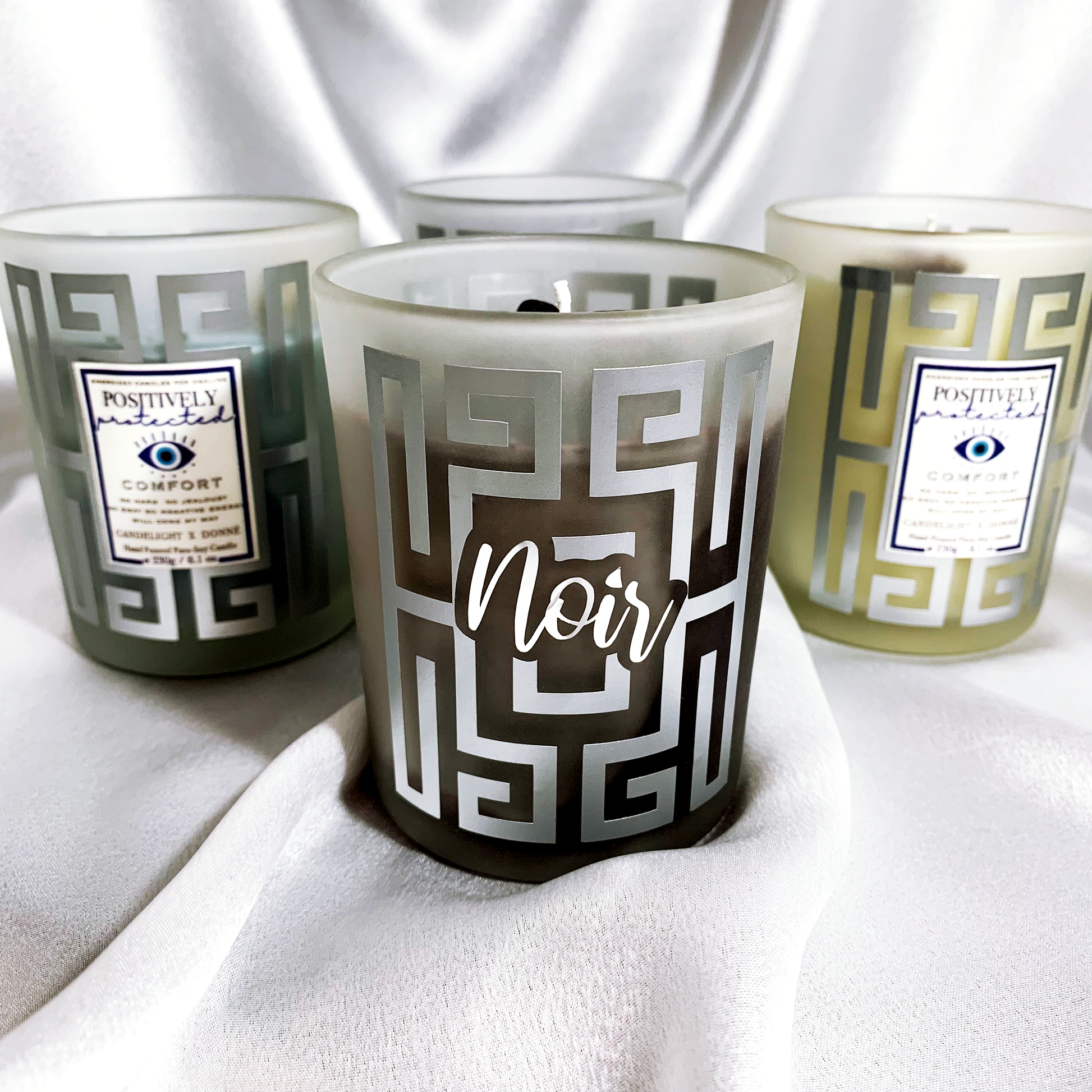 Decorative container candles with Greek Key, Black candle with metallic vinyl at the front